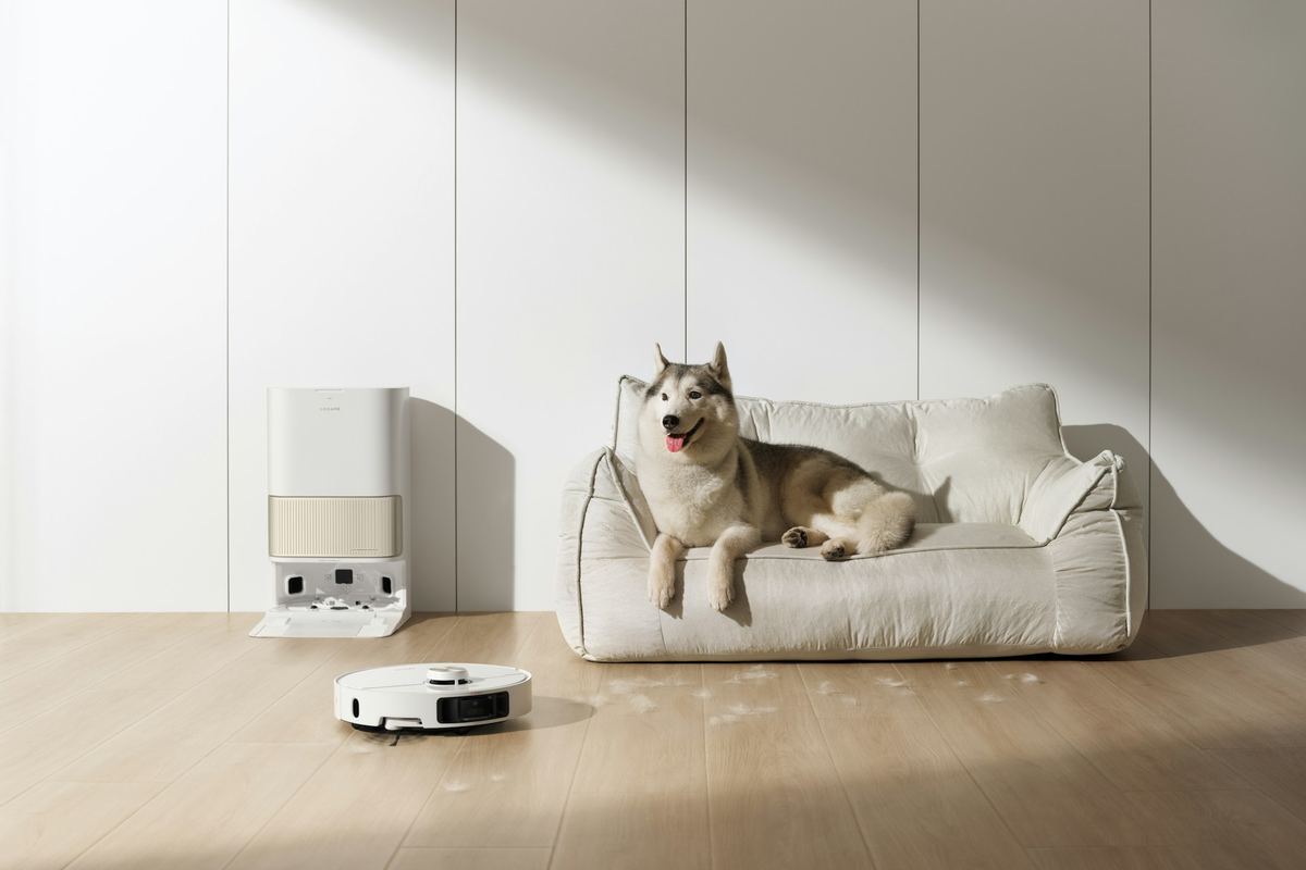 A husky lying on a white pet sofa while a white robot vacuum cleans nearby, with its dock against the wall